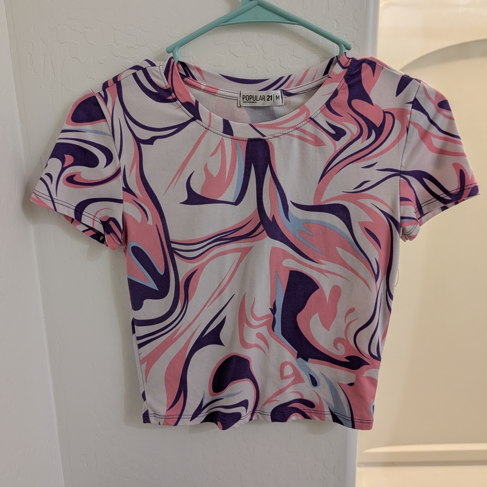Popular 21 Brand White Crop Top w Pink / Purple / Blue Swirl Effect Pattern - M
